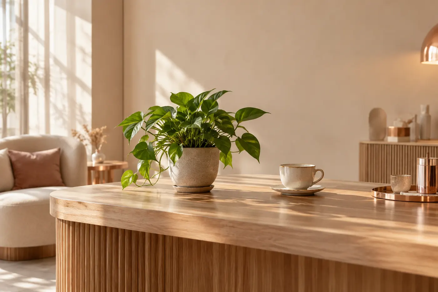 Wooden reception table with plants