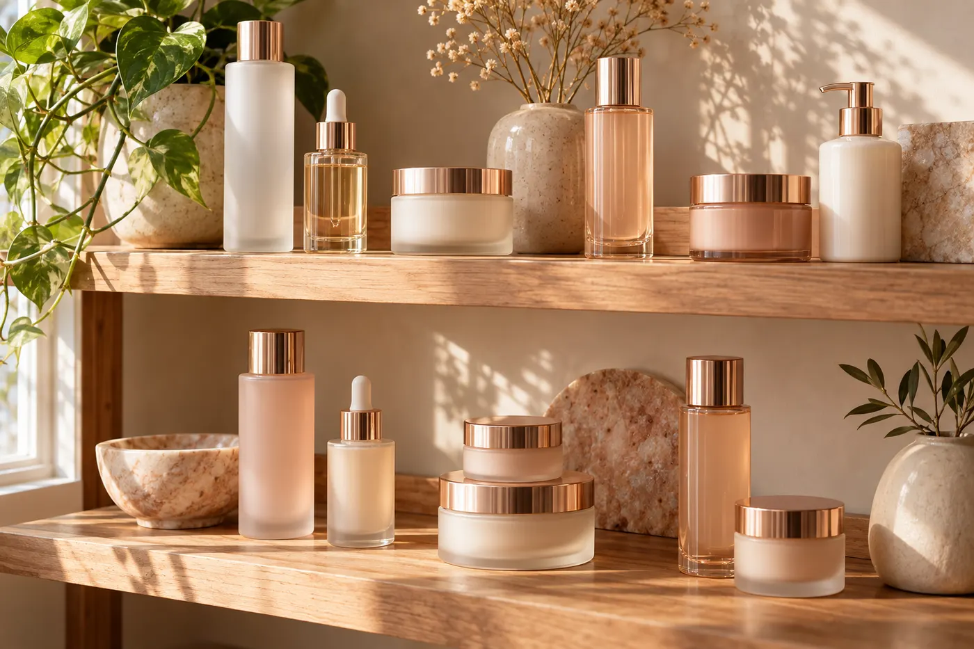 Skincare products on a shelf